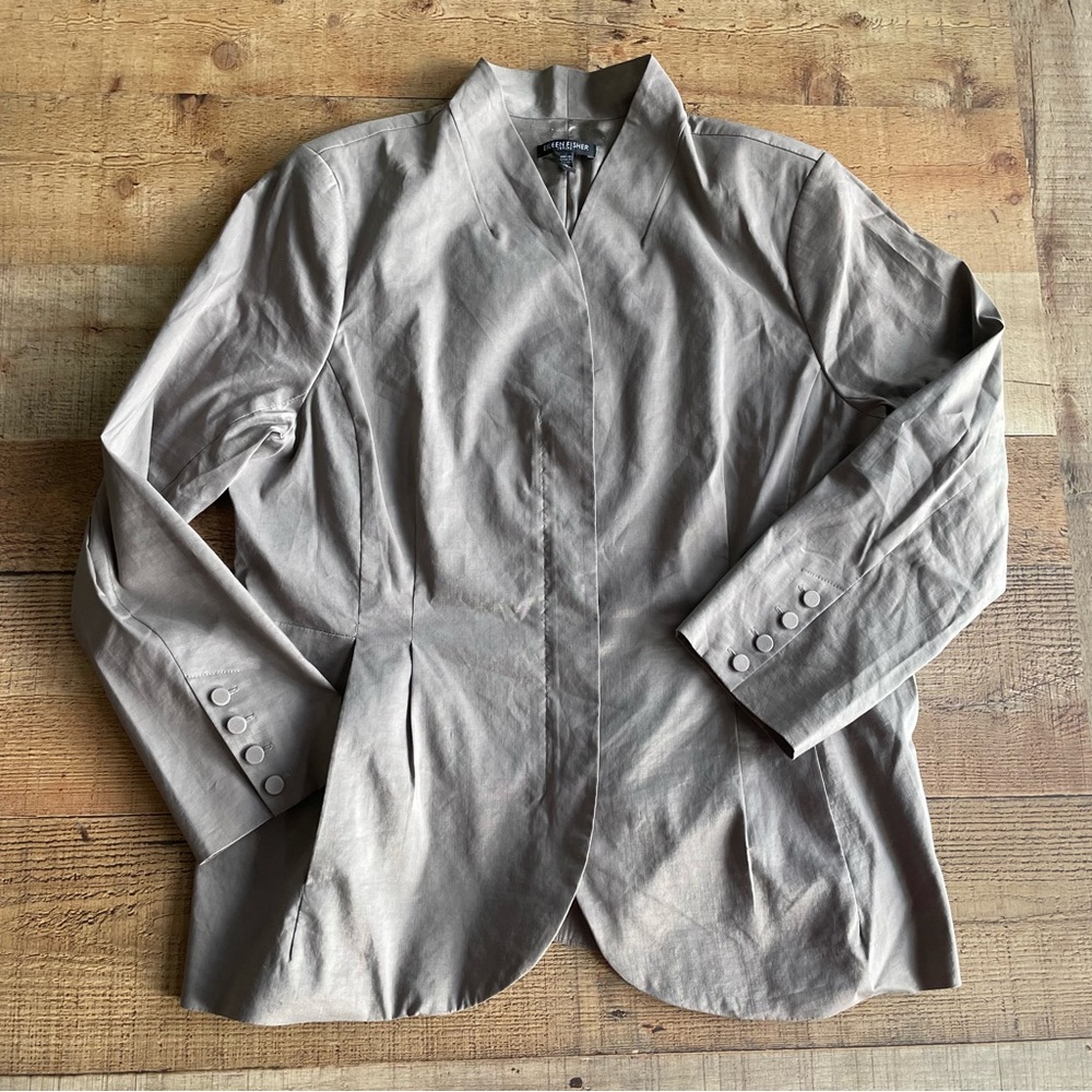 Eileen Fisher Silk Ramie Mandarin Collar Hidden Zip Metallic Taupe Jacket Petite